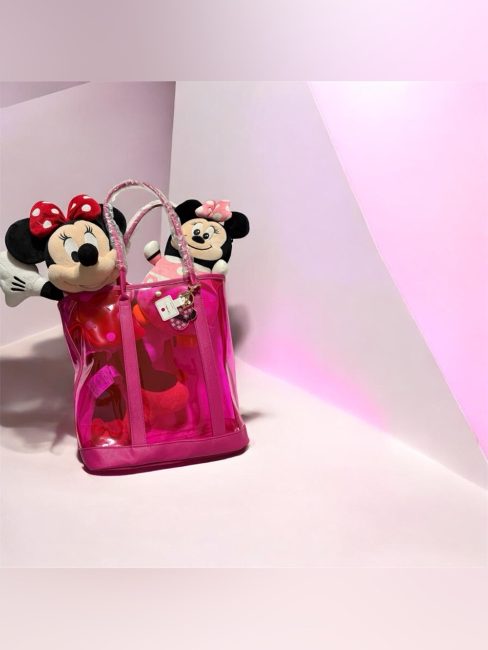 Disney Minnie Mouse Pink Clear Jelly Tote Bag Keychain Charm Dolls